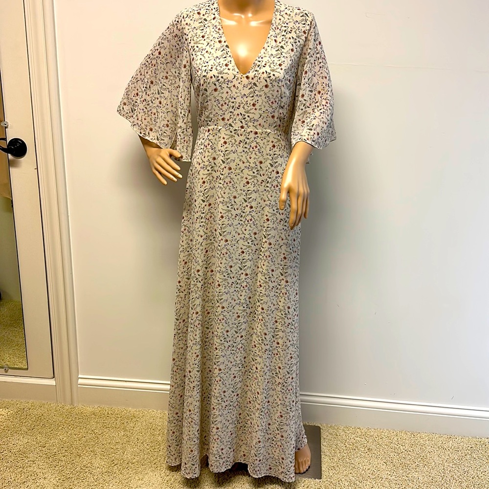 New Nasty Gal Cream Dainty Floral Long Dress elbow length bell sleeves size 4